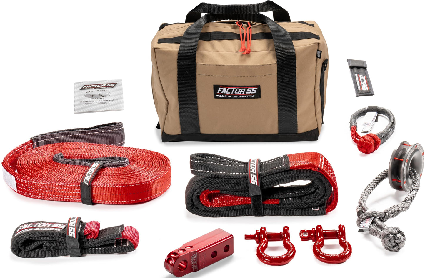 Factor 55 Sawtooh Winch and Tow Recovery Kit for Trucks, Jeeps, and SUVs, with Red Hitchlink and Medium Bag
