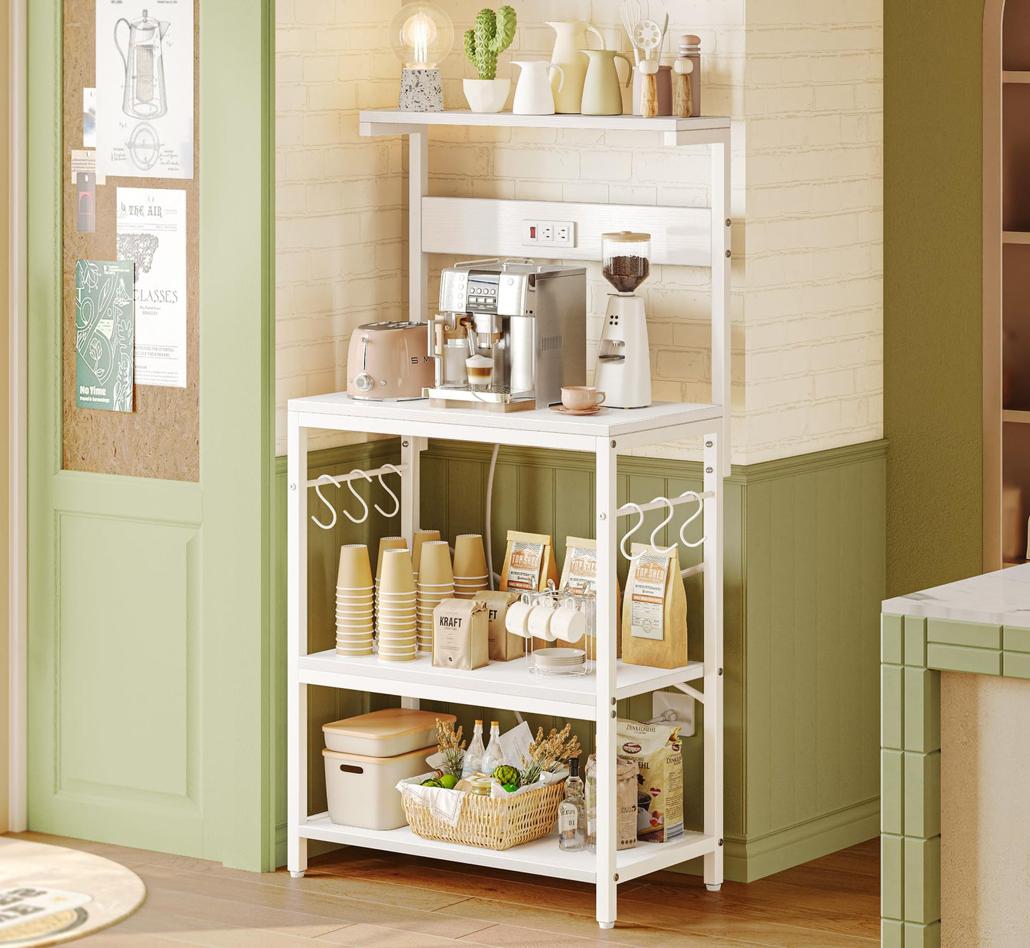 SUPERJARE Kitchen Bakers Rack with Power Outlet, Coffee Bar Table 4 Tiers, Kitchen Microwave Stand with 6 S-shaped Hooks, Storage Shelf Rack for Spices, Pots and Pans - Rustic Brown