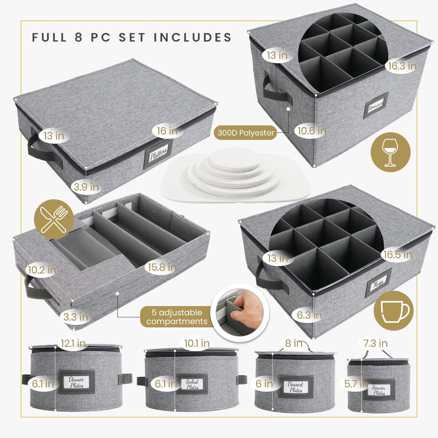HOMELUX THEORY Hard Shell China Storage Containers, 8pc Light Gray Mug & Plate Storage Box, Kitchen Storage Bins With Lids, Heavy Duty Moving Box with Handles for Dishes, Silverware, Cup & Mug