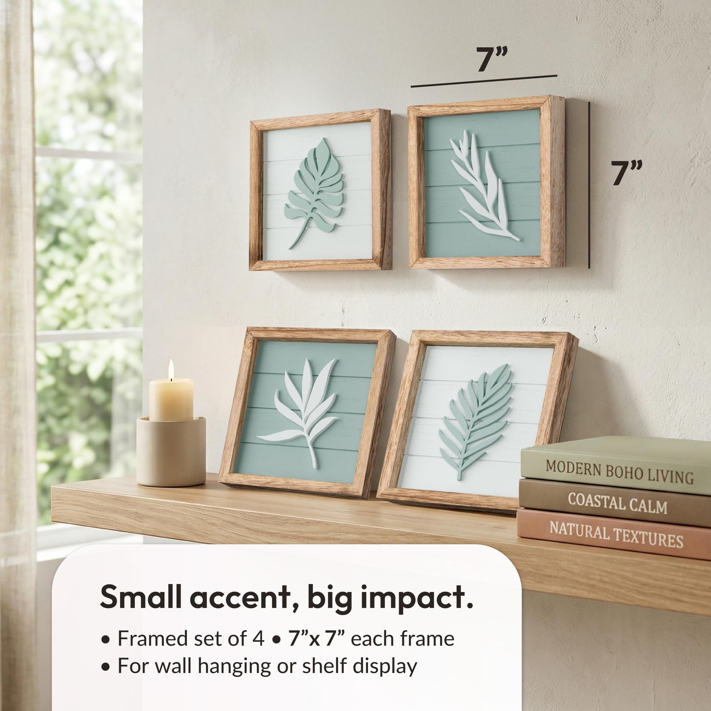 Tide and Tales 3D Sage Green Leaf Botanical Wall Art (Framed Set of 4) – Textured Boho Botanical Bathroom Art Wall Decor – Leaf & Plant Accent for Bedroom or Living Room 7"x7"