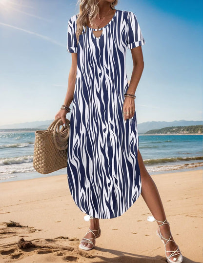 Zeagoo Womens Maxi Summer Dress with Pockets Casual Short Sleeve Sundress Trendy 2025 Curve Hem Long Dresss