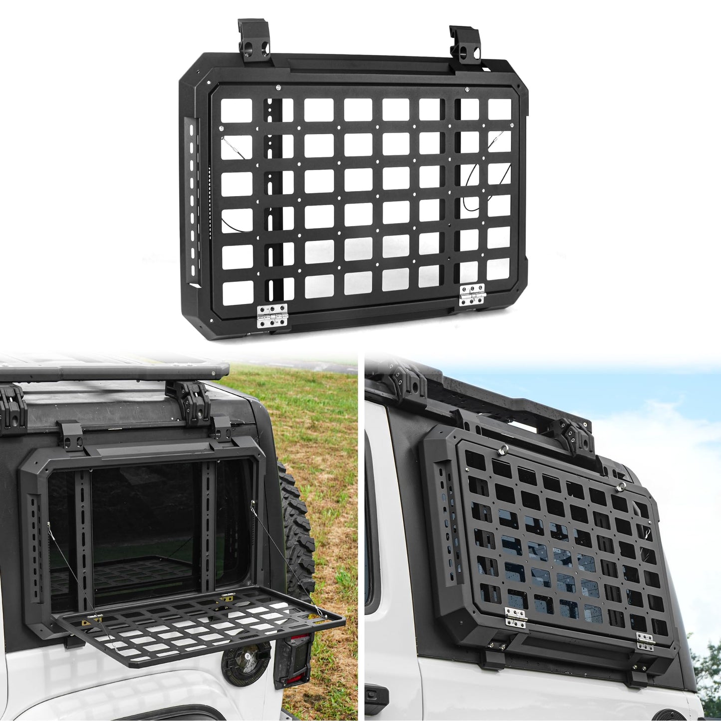 Z8 Rear Window Molle Storage Panel with Fold-Down Table, Tactical Organizer Compatible with 2018–2025 Jeep Wrangler JL & JLU 4-Door Hardtop, Heavy-Duty Aluminum Cargo Rack for Camping & Off-Road Gear