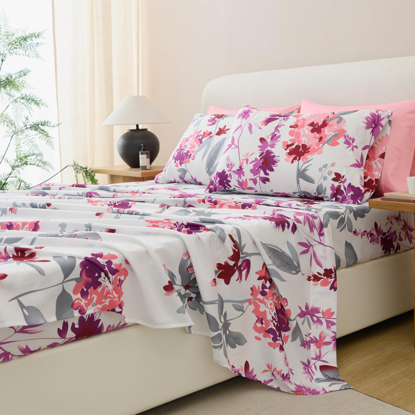 Spirit Linen Home 6-Piece Queen Size Bed Sheet Set - Deep Pocket, Floral Print Pattern, Soft and Breathable Bed Sheets, Microfiber Material, Includes 1 Fitted, 1 Flat, 4 Pillowcases - Grey/Pink Floral