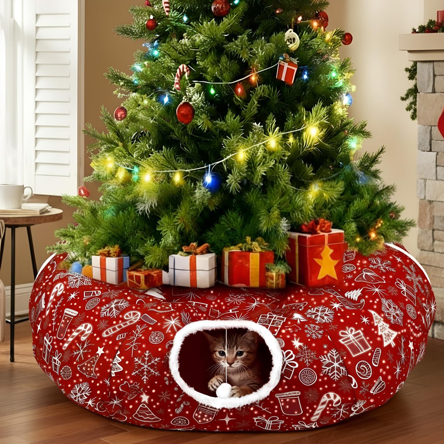 SilTriangle Cat Tunnel Christmas Tree Skirt Cat Donut Tunnel Bed for Indoor Cats with Ball Snowflake Collar Cats Cave for Small Medium Kitten Puppy Under Xmas Trees Decor Gift(Gift Box)