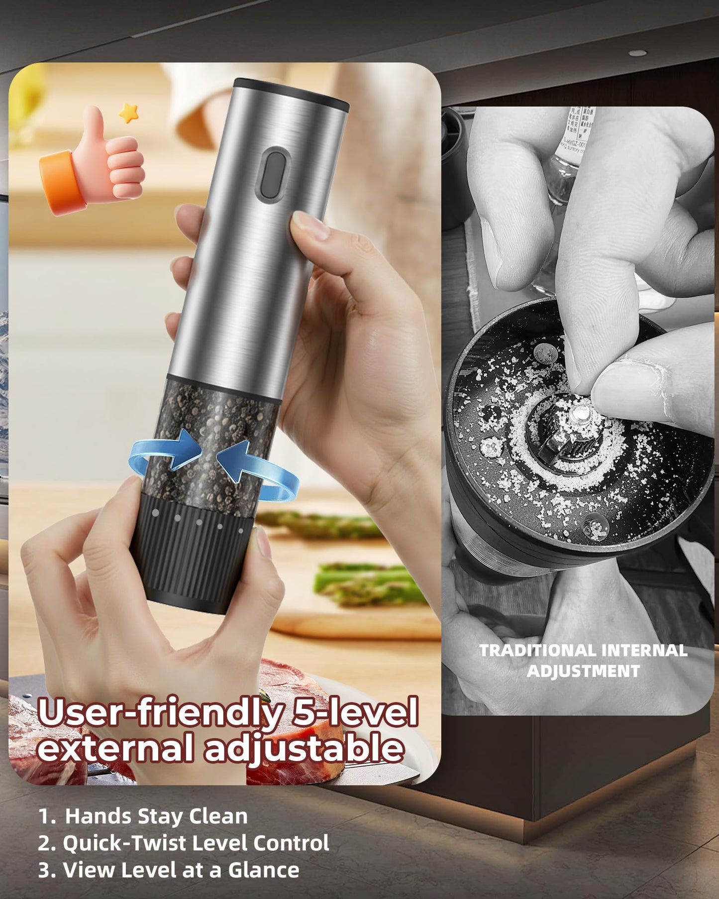 Electric Salt and Pepper Grinder Set, USB Rechargeable Salt and Pepper Shaker with LED Light, Stainless Steel Adjustable Automatic Pepper Mill for Kitchen, Dining