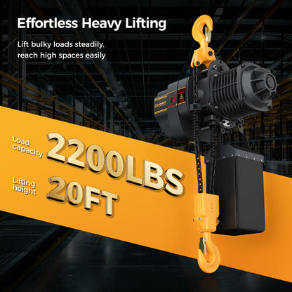 CAMMOO Electric Chain Hoist, 2200 lbs Load, 20 ft Lifting Height, Extended 492 ft Wireless & 20 ft Wired Remote Control, Brushless Copper Motor, DT Carburized Chain, IP65 for Warehouse, Construction