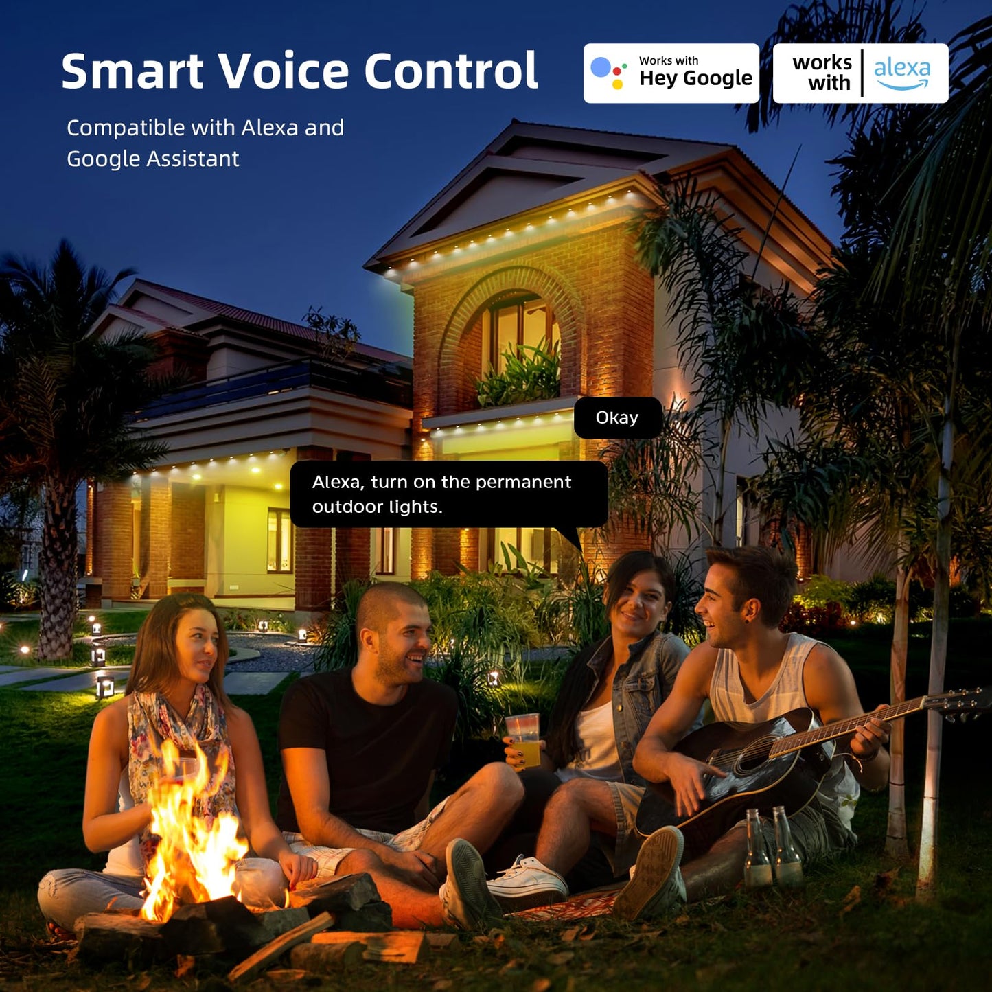 Permanent Outdoor Lights, 100ft Smart RGB+IC Outdoor Light, IP67 Waterproof 72 LED Eaves Lights, Year-Round Outdoor Lighting for New Year, Holiday, Daily Lighting, Christmas, APP/Voice/Remote/Control