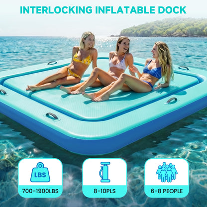 BIOOICH 2 in 1 Inflatable Floating Dock, 8.2FTx7.2FT Floating Mat with Mesh Swim Area & Portable Pool Island Platform with Air Pump, Repair Kit, Storage Bag & Linking Ropes for Swimming, Lake, Beach