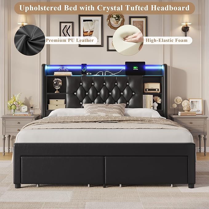 Full Bed Frame with Drawers, Hidden-Cubby & Shelves Storage Headboard with