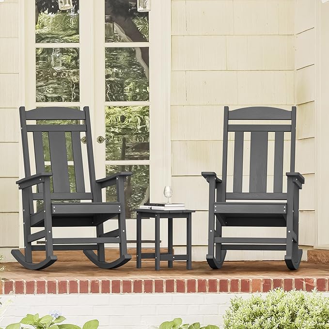 LUE BONA Outdoor Rocking Chairs Set, 3-Piece, HDPS Poly Porch Rockers with Table, Plastic Weather Resistant Rocking Chair Set for Outdoor Indoor, Garden, Backyard, 350lb, Gray Chairs+Table