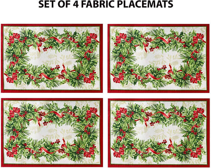 Newbridge Christmas Holly Ribbon Traditions Bordered 70 Inch Long Table Runner, Boughs of Holly and Berry Ribbon Garland Dining Table Runner for Holiday Party