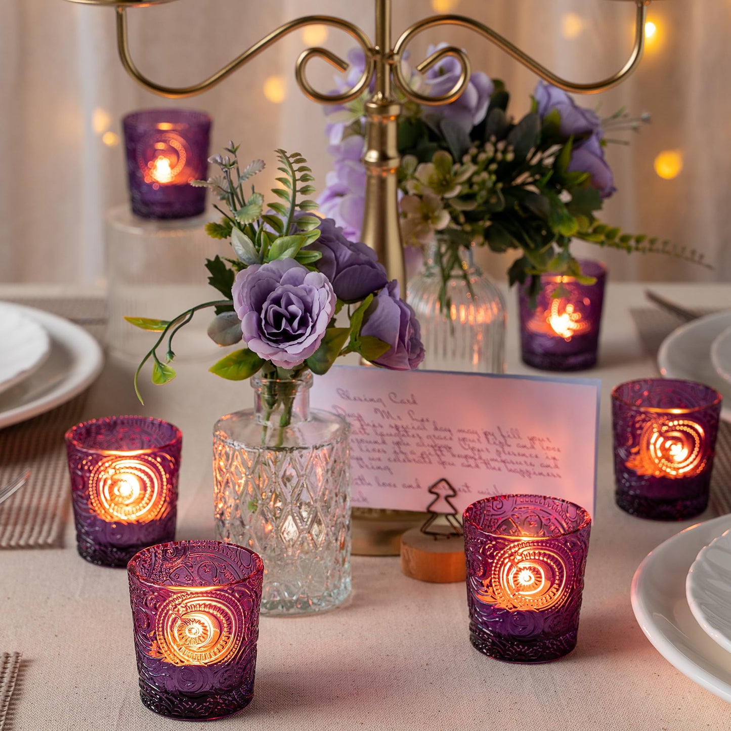 12 Pack Sun Moon Star Embossed Glass Tea Light Candle Holders - Votive Candle Holders for Wedding, Party, Home Decor, and Table Centerpieces (Amethyst Purple)