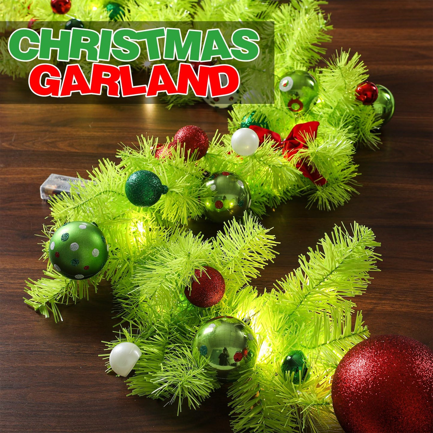 Jutom 6 Feet Christmas Green Garland with Red Green Balls Xmas Tree Winding Garland Artificial Furry Stripe Accessory for Front Door Fireplace Table Centerpiece Outdoor Decor