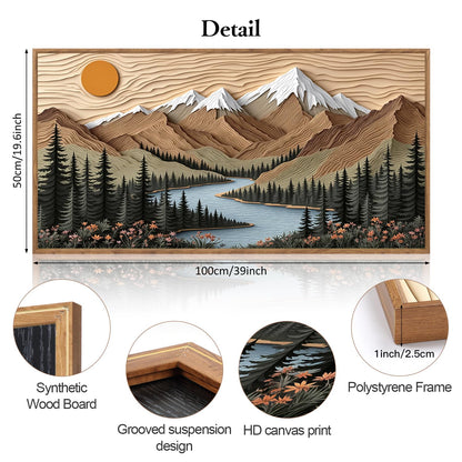 CHDITB Mountain Framed Wall Art, Long Horizontal Mountains Wall Decor, Sun Lake Pine Trees Nature Wall Painting, Modern Rustic Farmhouse Landscape Art Prints for Bedroom Office Decoration 20"x40"