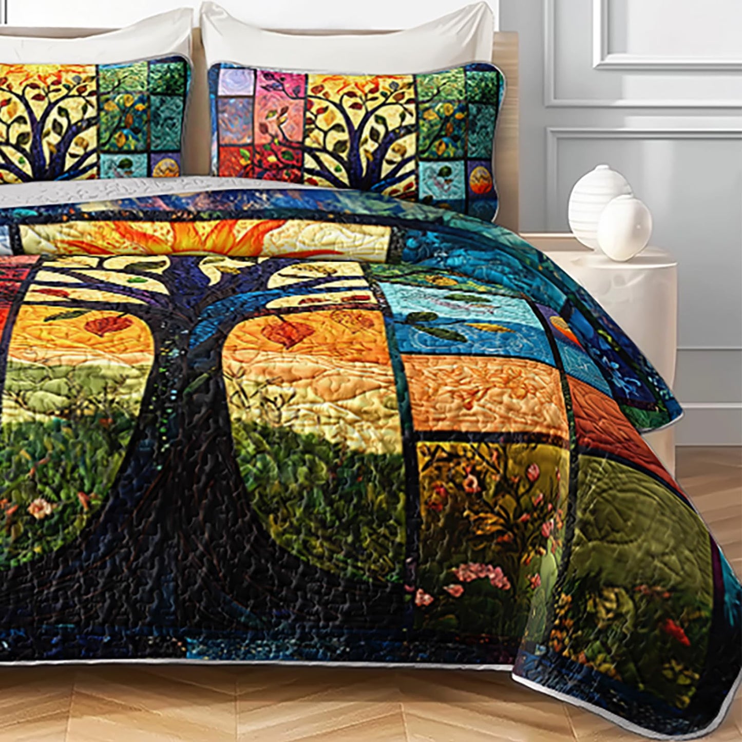 AILONEN Tree of Life Quillt Set Queen Size, Sun Moon Boho Bedspread Coverlet,Soft Microfiber Quilt,2 Pillowcases,3-Piece Colorful Natural Botanical Print Bedding