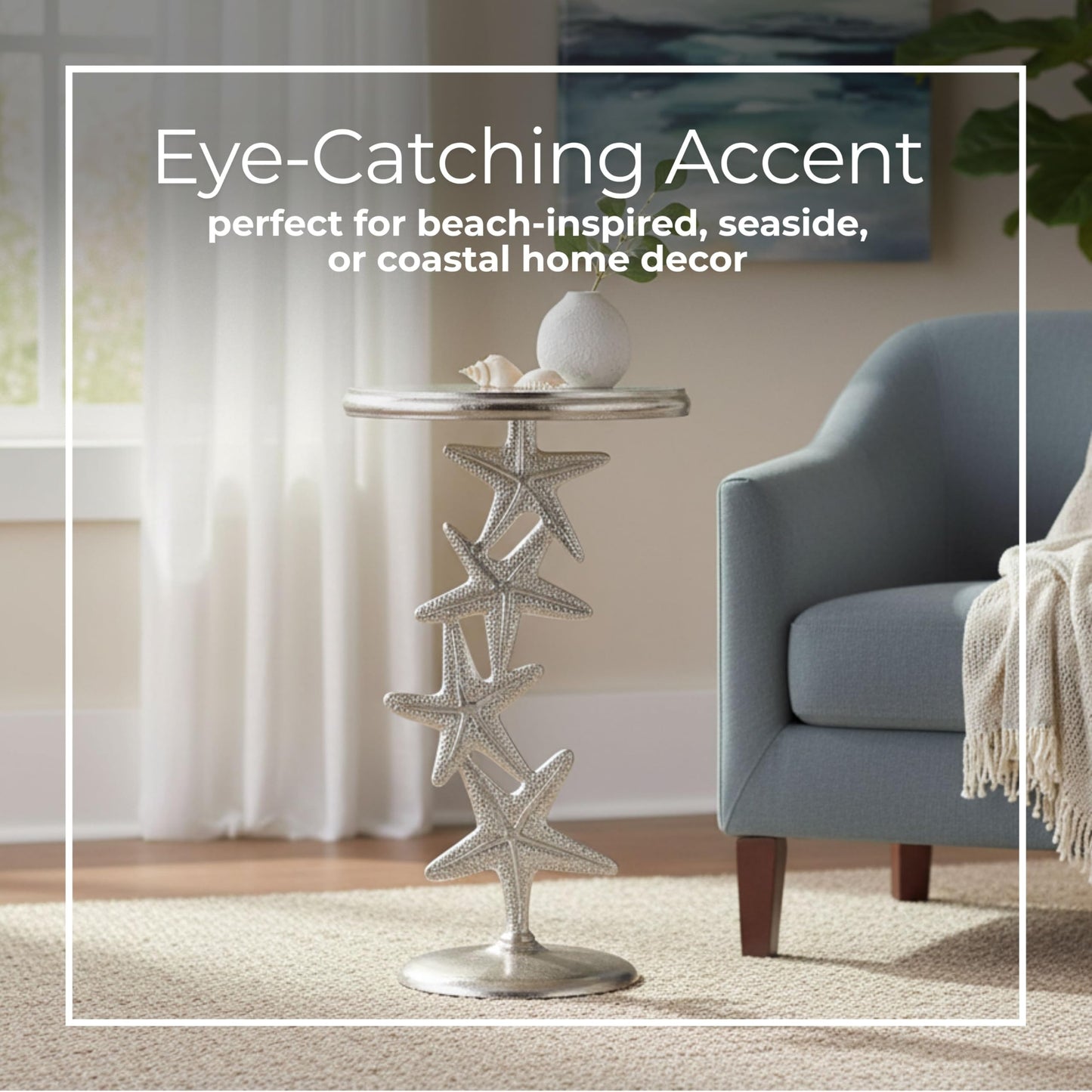 Metal Accent Table, Modern Round Side Table for Living Room and Bedroom, No Assembly Required, Indoor Use Only, Iron and Stone Materials, Starfish Home Decor Living Room Accent Table – 25", Silver