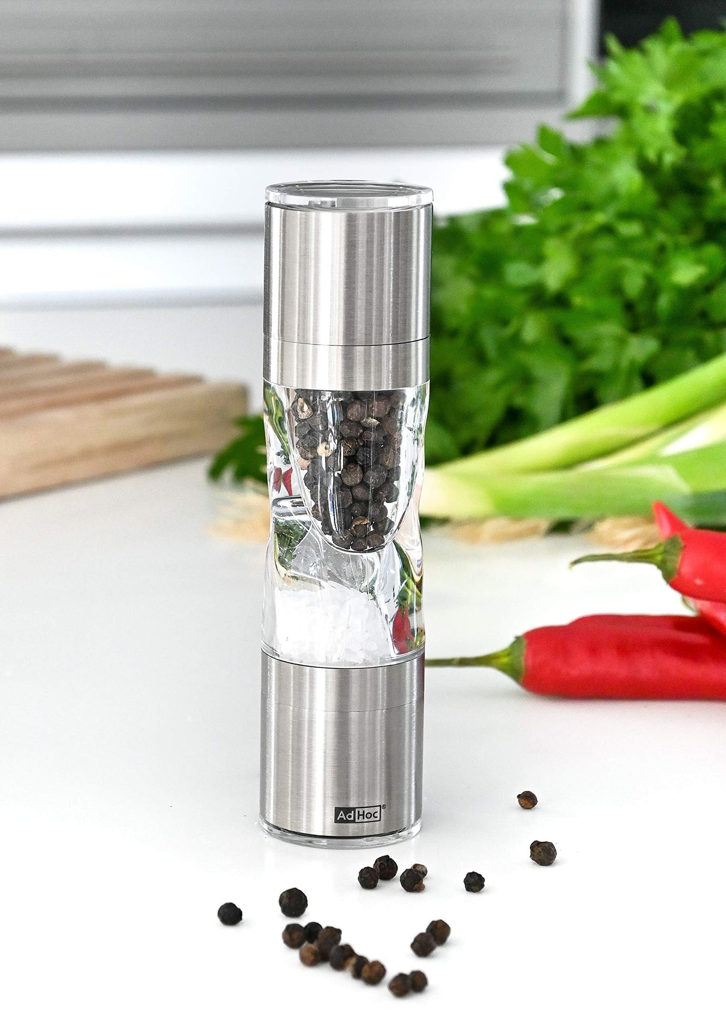 AdHoc Mini Duo Salt and Pepper Mill - Salt & Pepper Grinders with Ultra-Sharp Grinding Mechanisms - Refillable Mills & Spice Shakers with Adjustable Grinding - Stainless Steel/Acrylic
