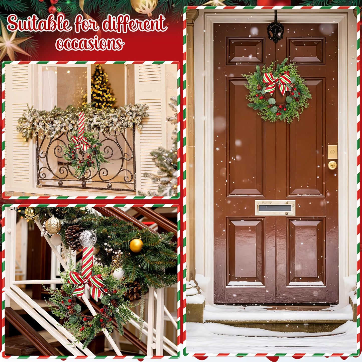 Suncalla 8 Pcs Christmas Kichen Cabinet Wreaths Bulk 7.87 Candy Cane Artificial Faux Candle Ring Wreath with Glitter Red White Green Ribbon Bow Pine Berries Christmas Decor for Xmas Home Window Door
