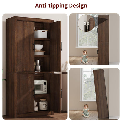 IDEALHOUSE Tall Wooden Kitchen Pantry Cabinet, Farmhouse 4-Magnetic Door Freestanding Food Storage Cupboard Pantry Cabinet with Adjustable Shelves & Large Storage for Dining, Living Room, Retro Brown