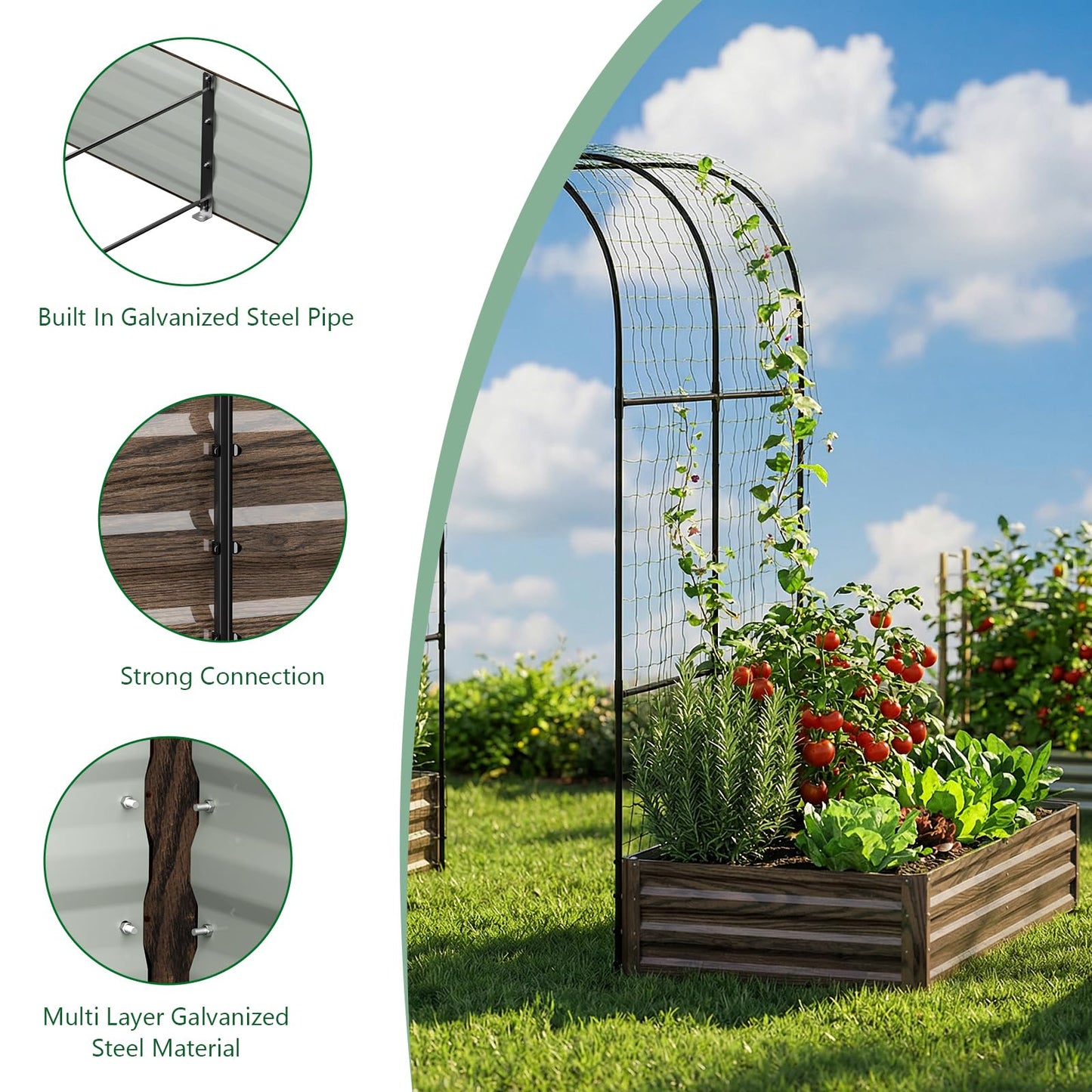 SUNYRISY Galvanized Raised Garden Bed with 87" H Arch Trellis for Climbing Plants Outdoor, Large Metal Planter Box with Netting for Gardening Flowers Vegetables Fruit, Wood Grain
