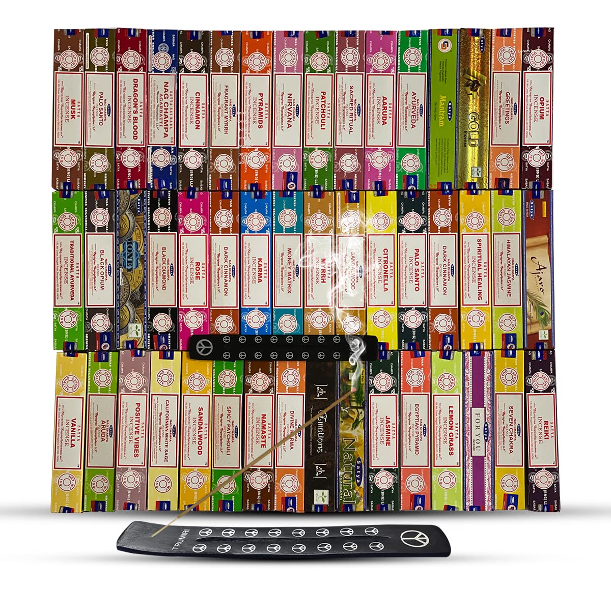 Satya Incense Sticks Variety Pack of 12 Randomly Selected Fragrances and Incense Stick Holder Bundle Total 180 Sticks
