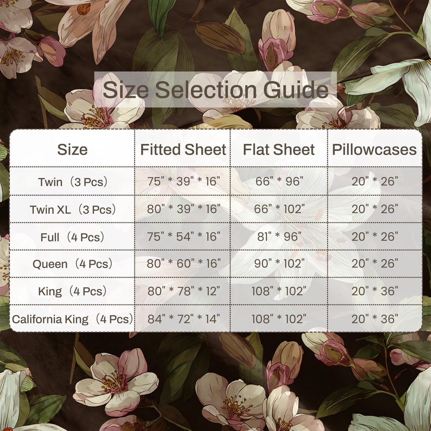 Lily Floral Sheet Set, 4 Pcs King Size Botanical Bed Sheets