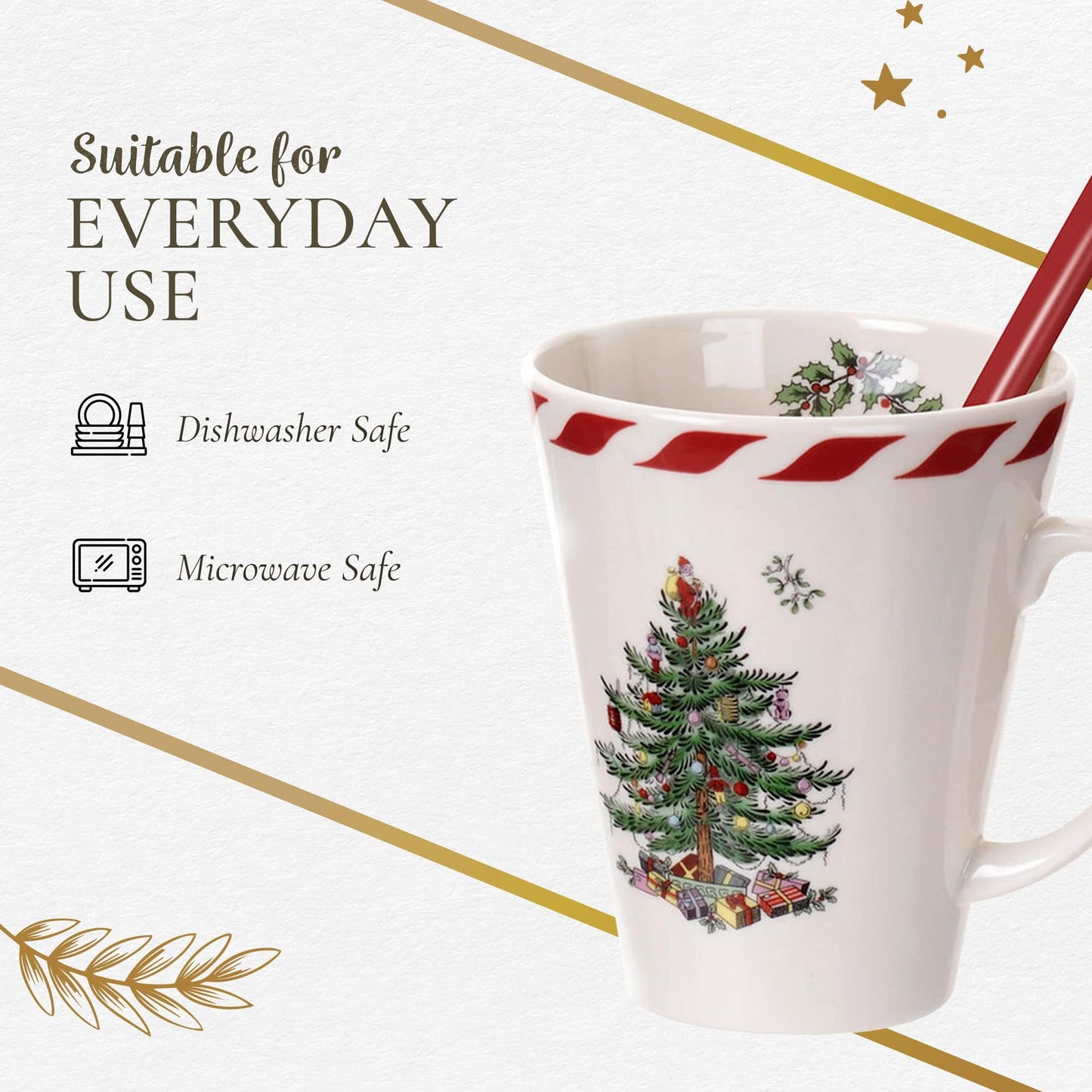 Spode Christmas Tree Peppermint 14oz Mug & Spoon Set (4-Piece) - Festive Earthenware with Candy Cane Motif, Mug for Hot Chocolate, Coffee, Holiday Mornings - Christmas Drinkware