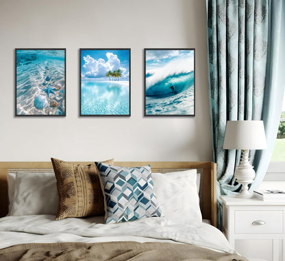 3pcs Blue Ocean Wall Art Featuring Starfish Seashells Waves and Palm Trees Summer Beach-Themed Canvas Paintings Prints Modern Coastal Style Posters Wall Decor suitable for Bathroom living room Decoration (Unframed)