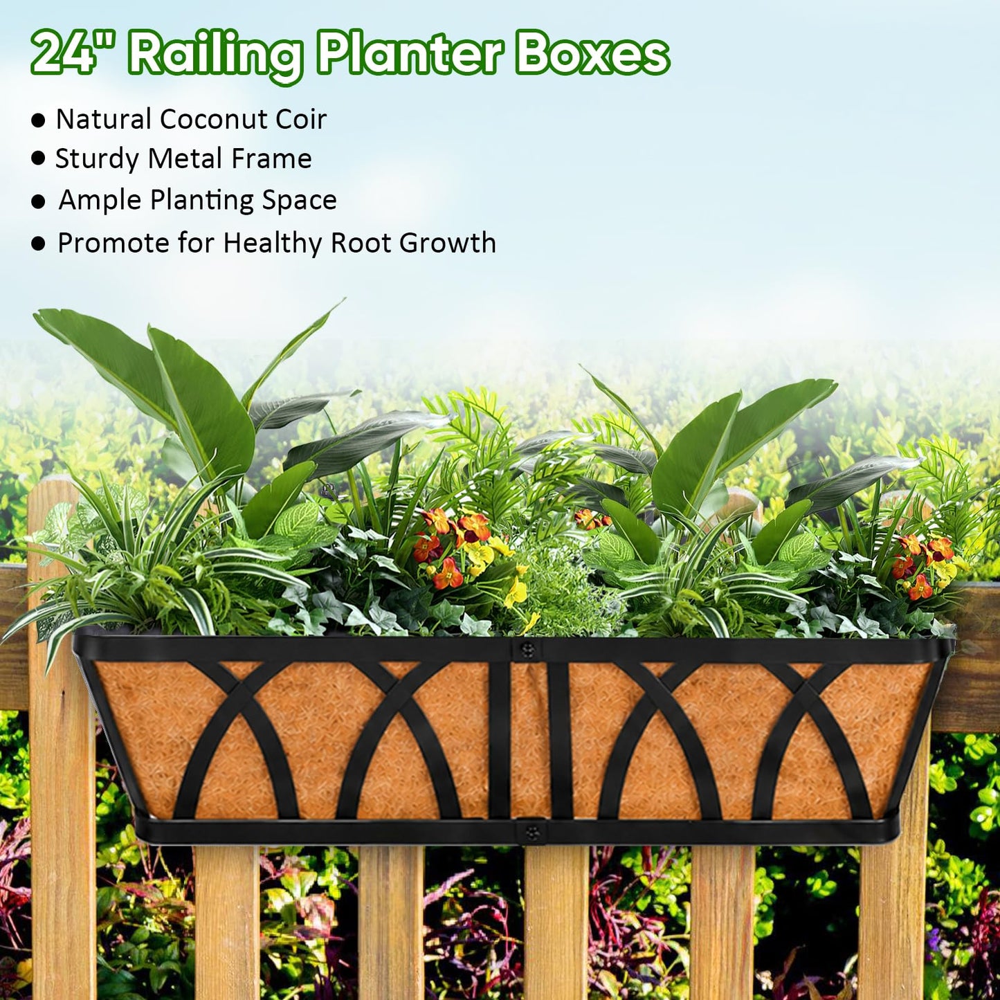LCHUANG Deck Railing Planter Window Box - 3 Pack 24 Inch Deck Balcony Rail Planter with Coconut Coir Liner, Fence Metal Hanging Flower Planter Basket Deck Railing Planter Boxes for Outdoor Lawn