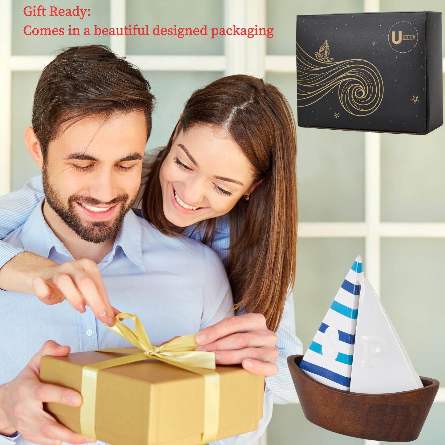 UNEAK -Handcrafted Ceramic Cute Sailboat Salt And Pepper Shaker with Cherry Wood Base/Boat Elegant (2 Pcs Set) Gift Shakers Set Compact Cooking, Kitchen and Dining Room, Classic, Refillable