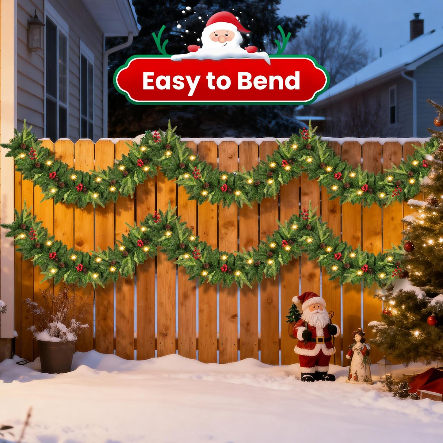 Christmas Garland, 9ft Pre-Lit Christmas Garland with Lights, Battery Operated with Pine Cones & Red Berries, Artificial Christmas Greenery for Mantle, Staircase, Doorway, Indoor Outdoor Decorations