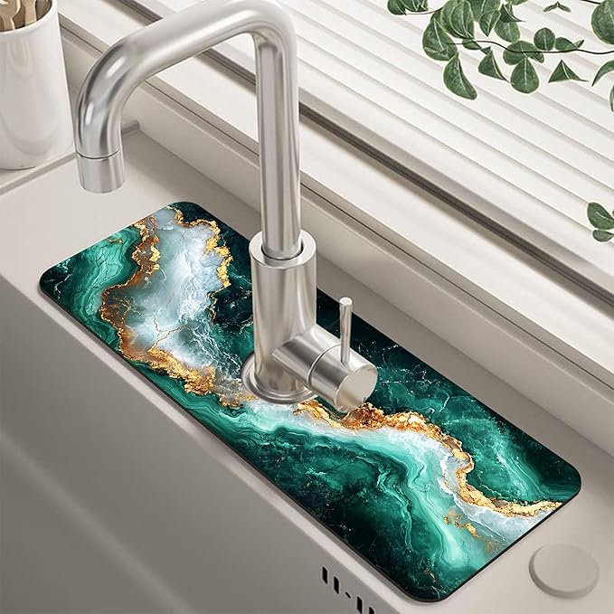 Emerald and Gold Marble Texture Kitchen Sink Splash Guard Faucet Mat Super