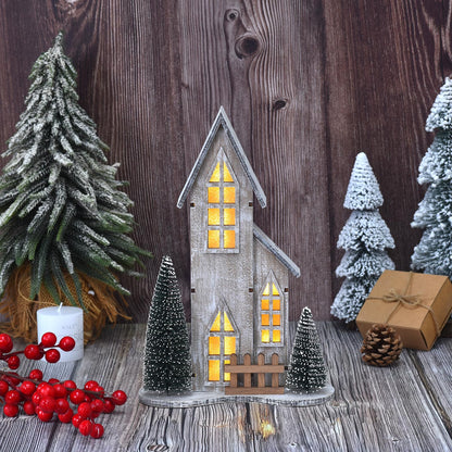 Wooden Christmas Village House with LED, Xmas Decor Indoor Tabletop Centerpiece with Tree, Lighted Christmas House Decor for Home Shelf Mantle, Winter Holiday Village Display (Style A)