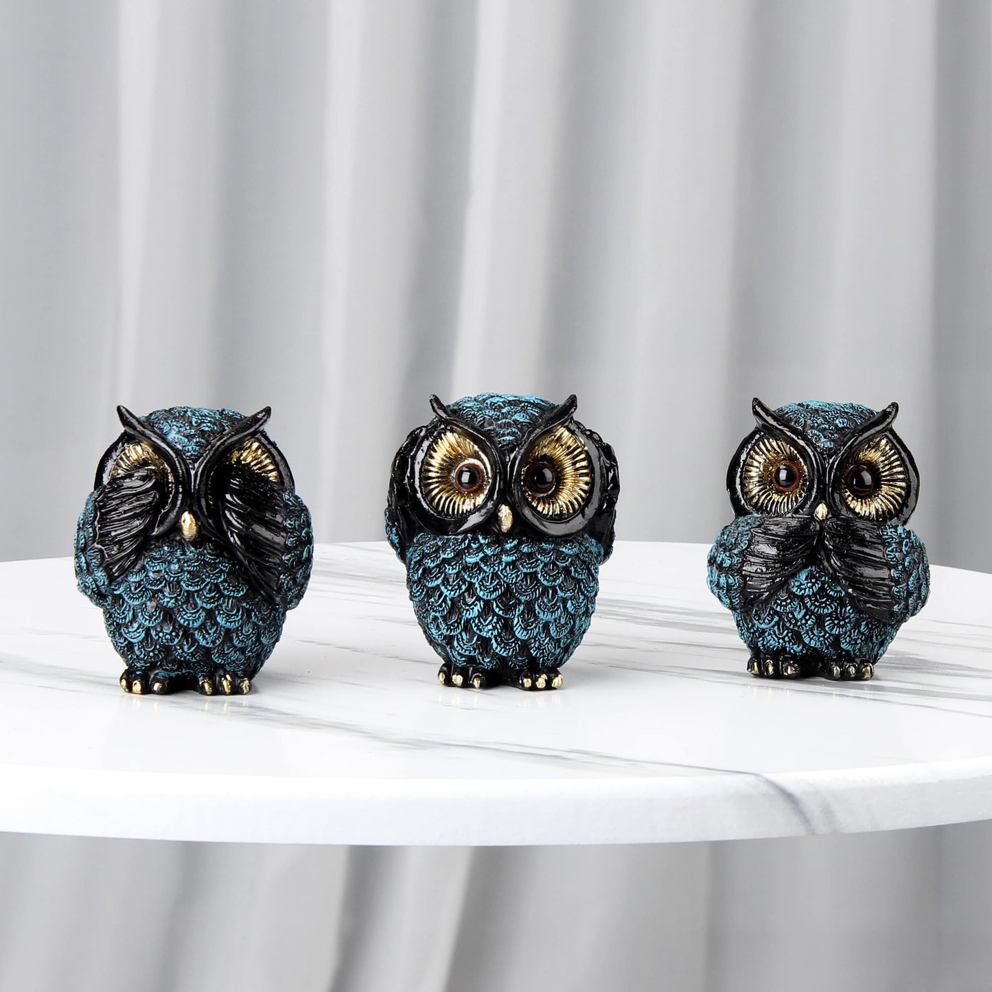 Owl figurine and sculptures for shelf decor accents,3 wise Owl statue for living room bedroom decoration,Retro animal decor,boho gift for women bird lover,see no evil hear no evil speak no evil