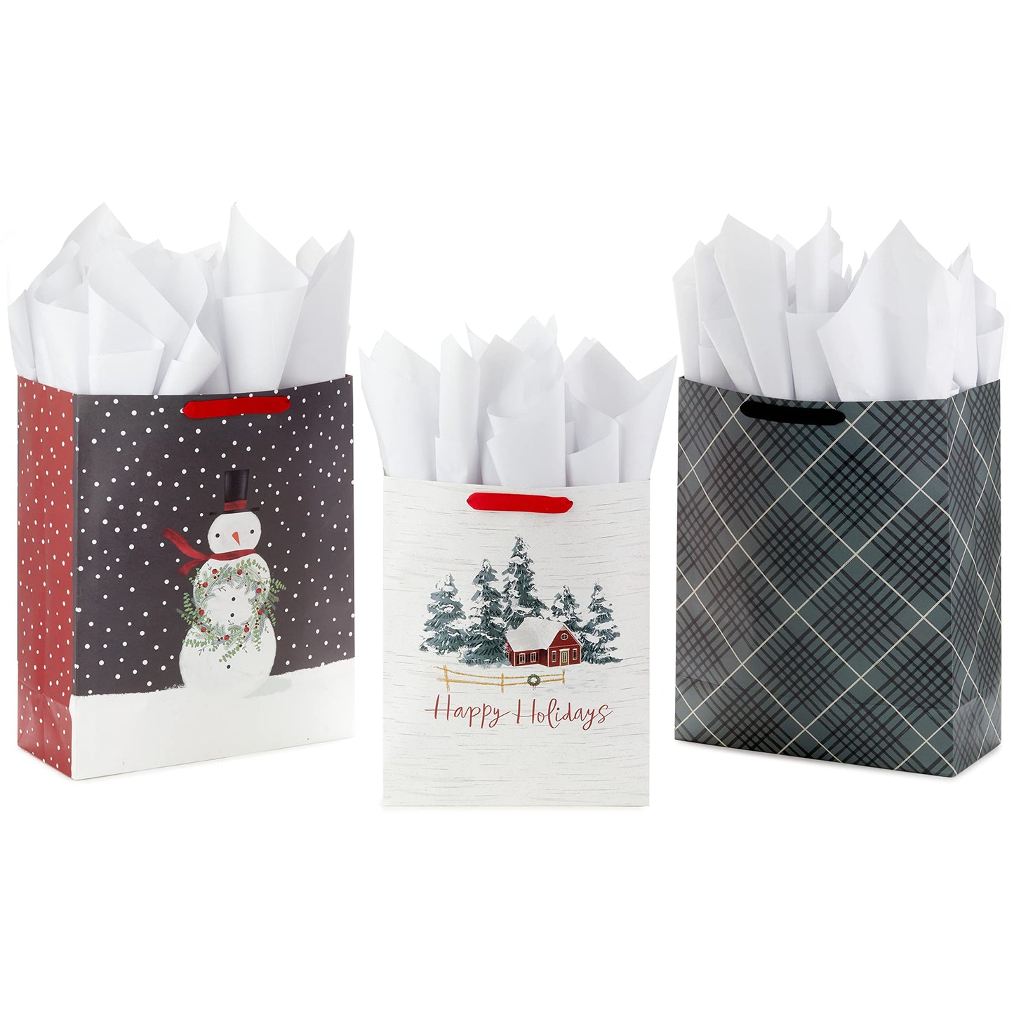 Hallmark Holiday Gift Bag Bundle with Tissue Paper and Gift Tags (3 Bags: 2 Extra Large 15", 1 Large 13") Gray Plaid, Snowy Farmhouse, Rustic Snowman