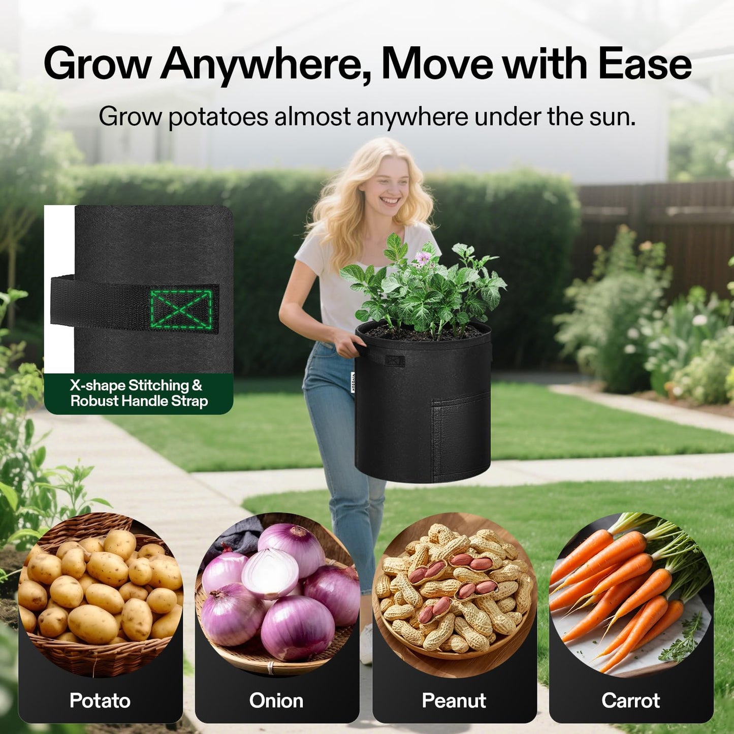 VIVOSUN 5-Pack 7 Gallon Potato Grow Bags, Fabric Pots With Handle and Roll-up Window, Planter Containers for Growing Potatoes, Black