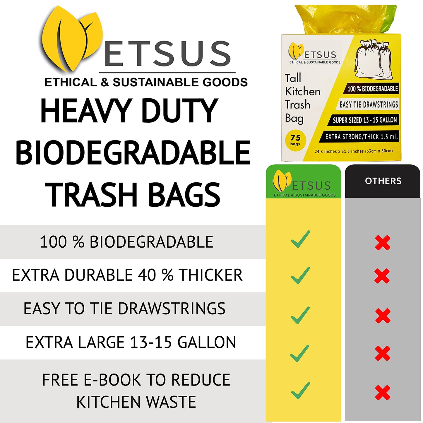 13 Gallon Biodegradable Trash Bags with Drawstrings, 75 Count Plant Based, Code Q Tall Kitchen Compost Bags 50 Liter Bin - Green Garbage Liners - 1.3 mil Thick Heavy Duty and Eco Friendly Trash Bags