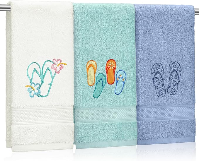 3 Pack Coastal Hand Towels for Bathroom 100% Cotton Embroidered Beach Bathroom