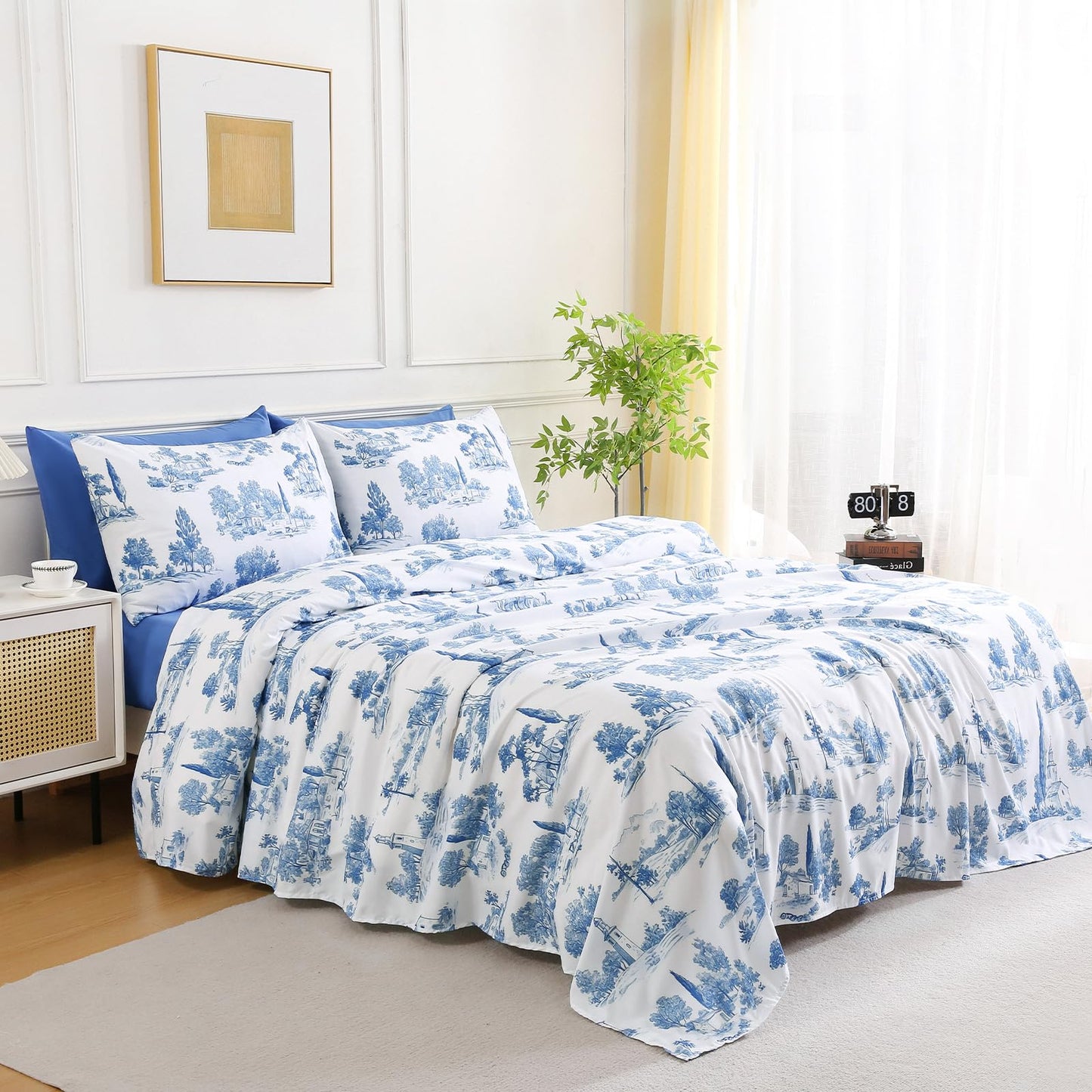 Botanical 6-Piece Queen Bed Sheets Set, Boho Floral Print Brushed Microfiber Sheets, Cooling Bed Sheet Set, Ultra Soft & Breathable, 16' Deep Pocket Fitted Sheet & Pillowcase Set, Blue Floral