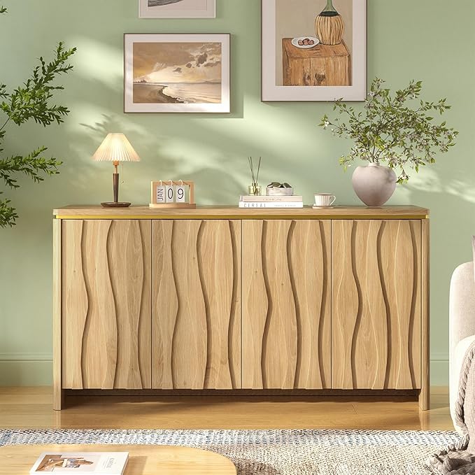 Fluted Cabinet with 3D Ripple Doors, 57.9" W Storage Cabinet with Adjustable