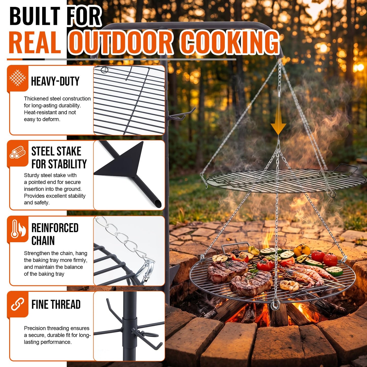 Ferrochef 22" Fire Pit Campfire Grill Grate, 22" Hanging Open Fire Cooking Grill Grate Portable Round Camping Cooking Barbecue Rack Heavy-Duty, Easy Setup & Adjustable Height for Outdoor Camping BBQ