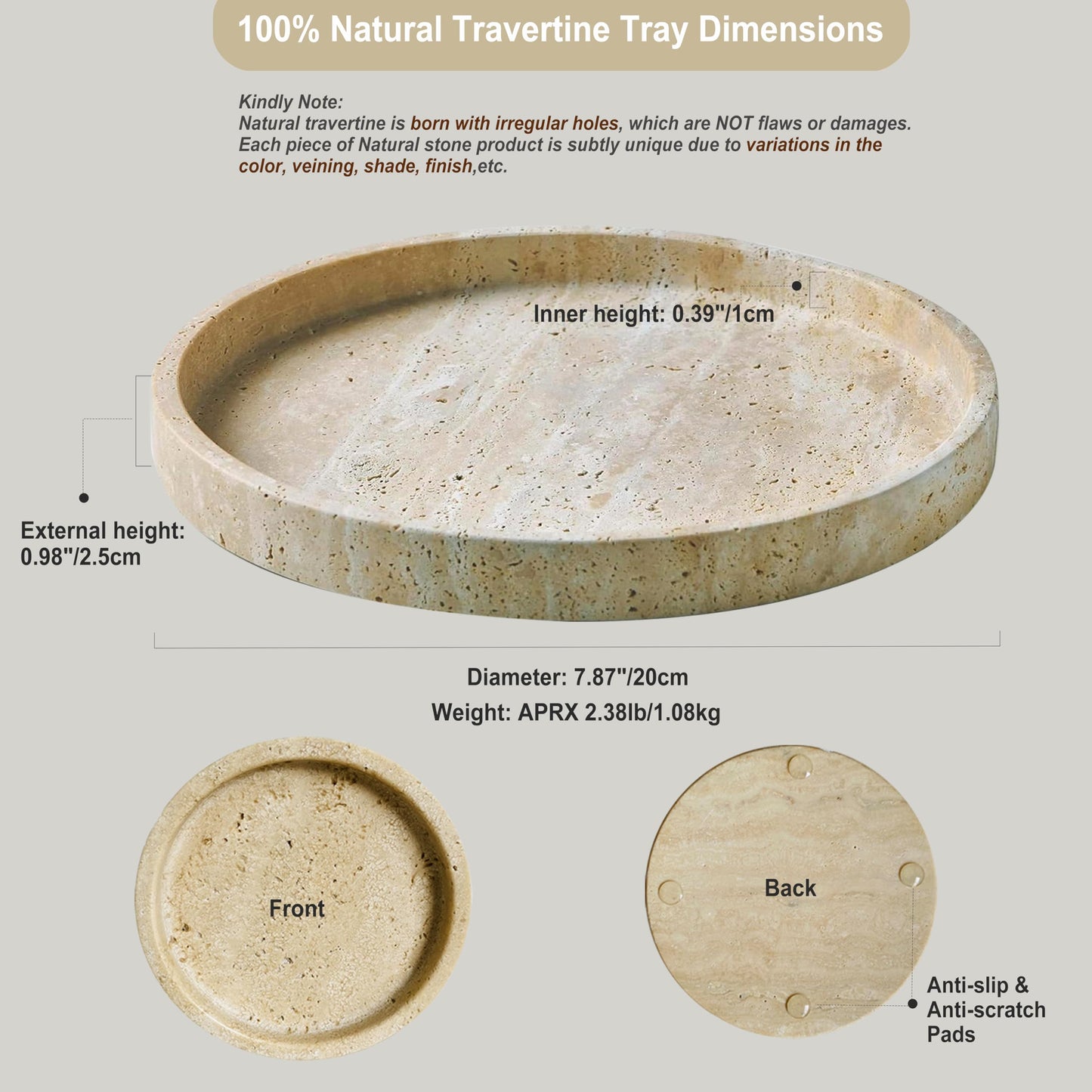 Real Travertine Tray for Jewelry, 7.9 Inch Round Marble Tray Trinket Dish, Vanity Tray for Women's Gift, Decorative Tray for Bathroom Kitchen Counter, Nightstand, Dresser, Table & Home Decor(Beige)
