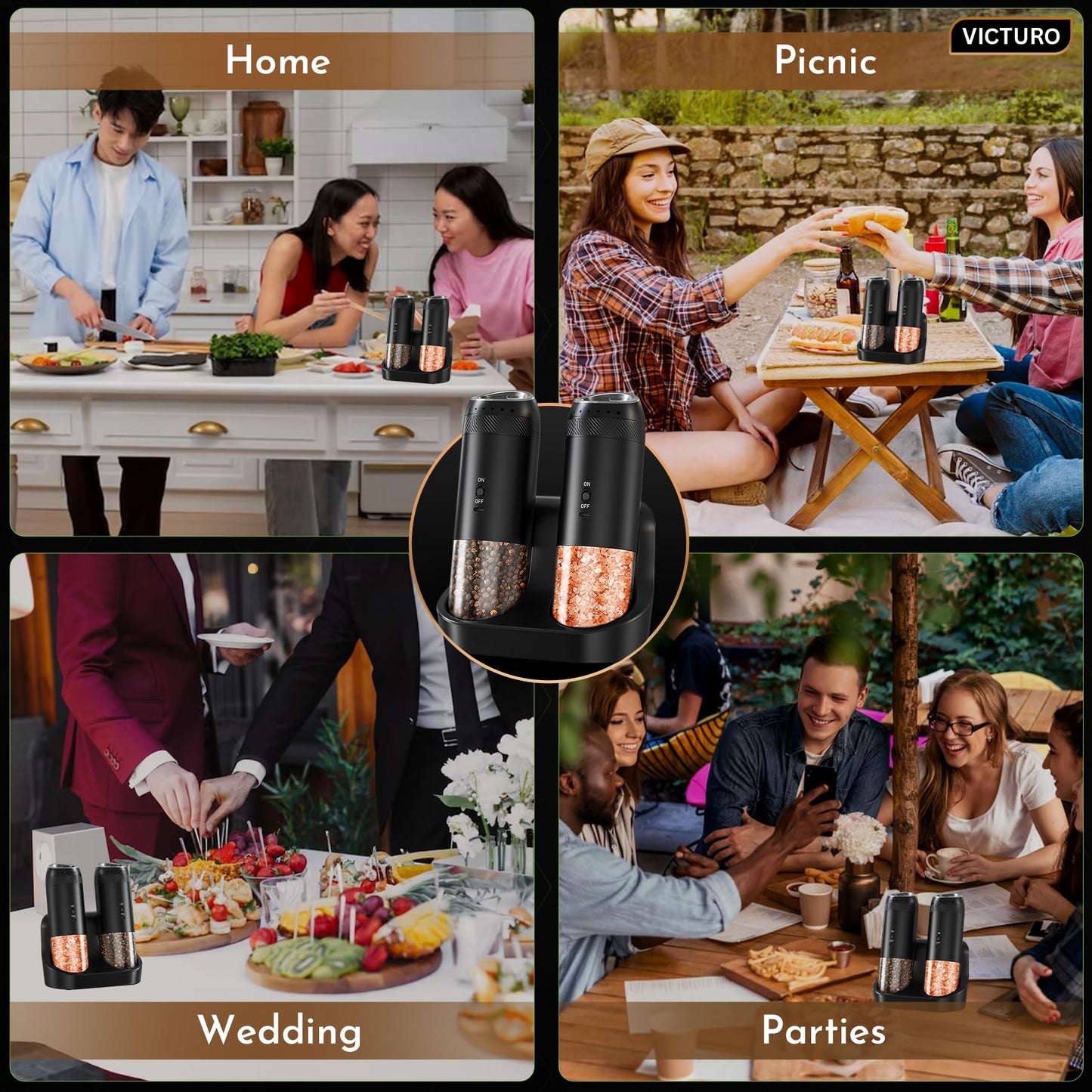 Victuro Electric Salt and Pepper Grinder Set, Automatic Refillable Salt and Pepper Grinder Set Rechargeable, One-Touch Electric Pepper Grinder, Stainless Steel Salt and Pepper Shakers Set for Kitchen