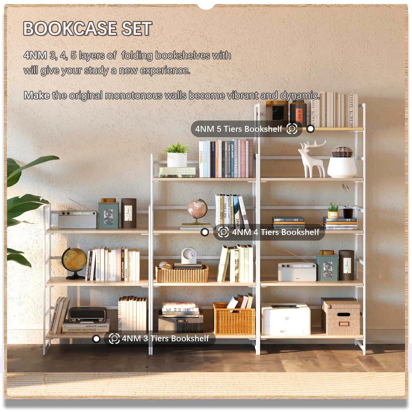 4NM No Assembly 5 Tier Collapsible Book Shelves, 51.2" H x 23.6" W Folding Bookshelf Bookcase Open Industrial Foldable Shelf for Bedroom, Living Room, Home Office - Natural White