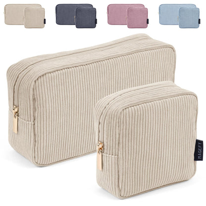 Makeup Bag, MAGEFY 2 Pcs Small Makeup Bag for Handbag Corduroy Pouch with Compartments Travel Makeup Cosmetic Bag for Women (Beige)