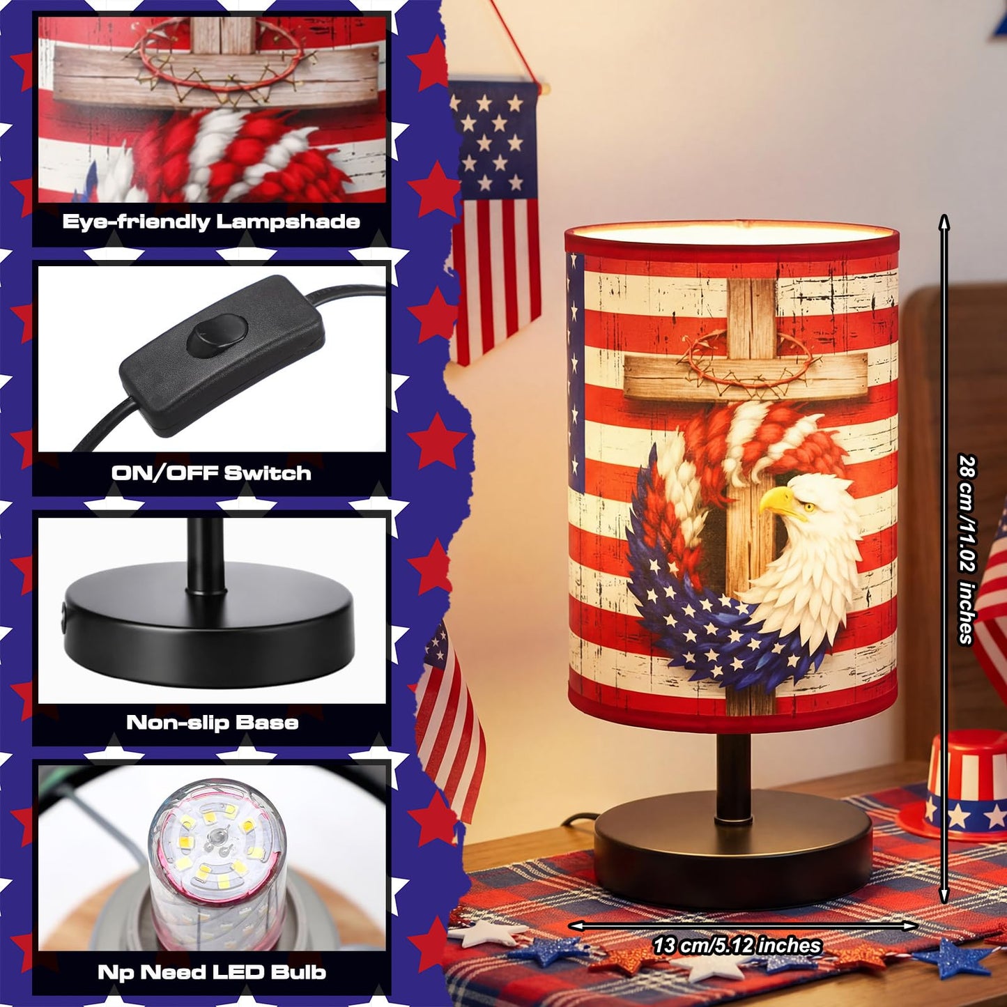 Glooglitter 4th of July Table Lamps 3 Colors Dimmable Lights 11.02 x 5.12 Inch Patriotic Bedroom Lamps Independence Day American Flag Bedside Night Light for Desk Memorial Day Birthday Gifts