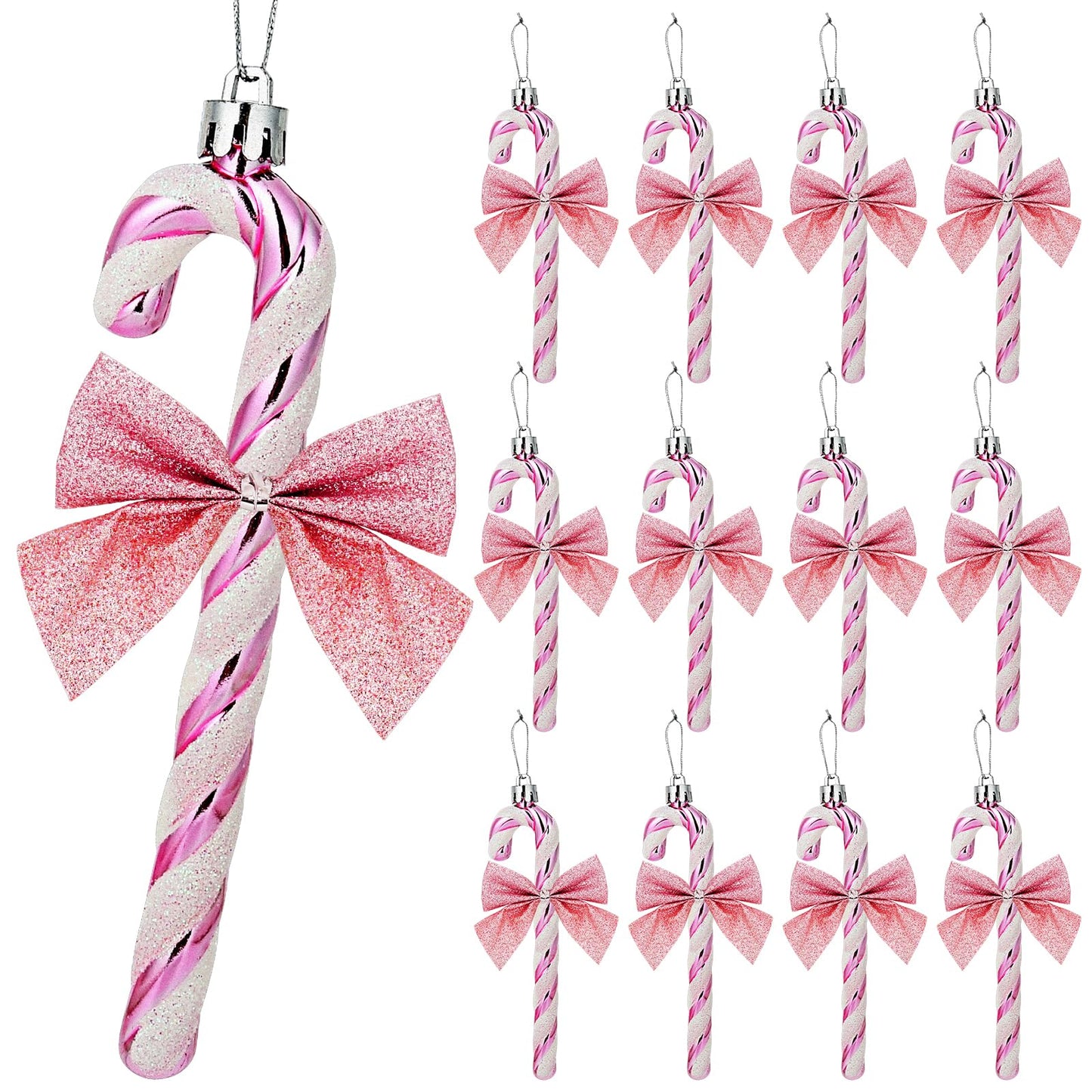 FYFLED Candy Cane Christmas Tree Decorations - 12 Pcs Candy Cane Ornaments for Tree, Glitter Candy Cane Bows for Xmas Tree Hanging Ornament Festival Party Home Decor, Pink