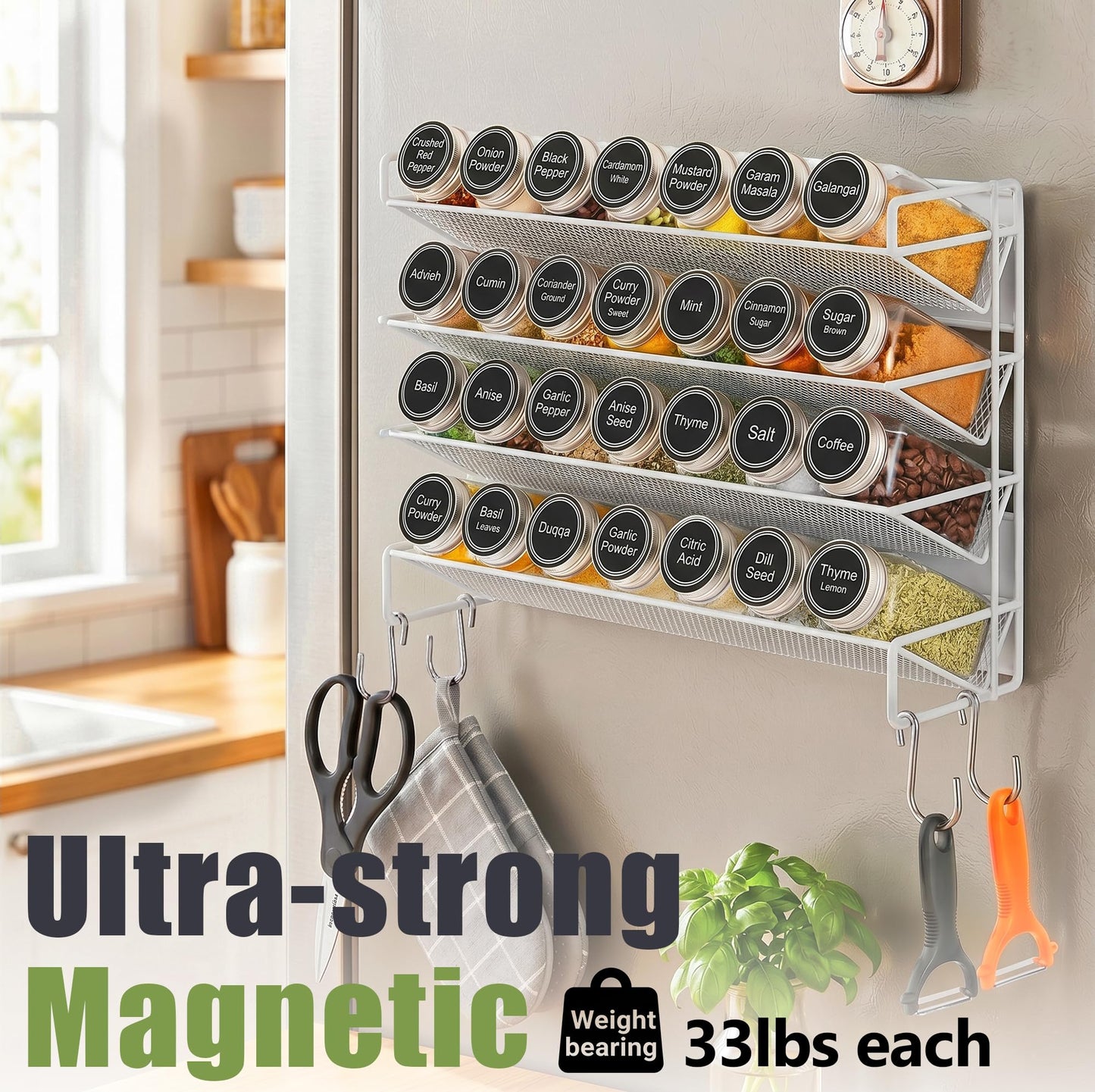 UVIAHOMI Magnetic Spice Rack Organizer for Refrigerator with 28 Spice Jars, 386 Spice Labels, 4 Hook, Chalk Marker and Funnel Set, Magnetic Shelf for Seasoning Organizer, 13.2'' W x 9.8 H, White