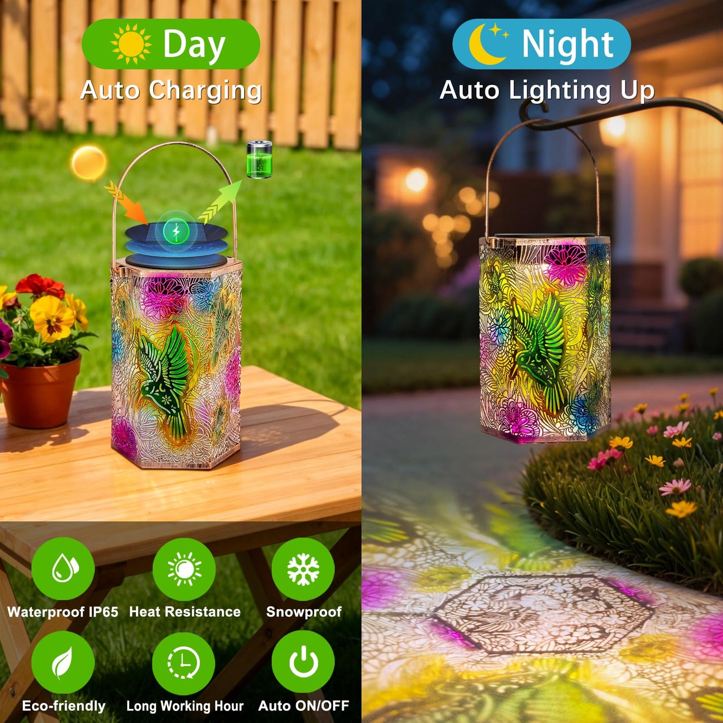 2Pack Solar Outdoor Hummingbird Lanterns Waterproof, Homeimpro Multicolor Solar Garden Lanterns, Mother's Day Christmas Garden Gifts for Mom Women, Backyard Ornaments
