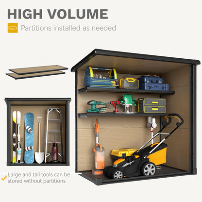 DWVO Outdoor Storage Shed 54 cuft with 2 Shelves, 4.2x2.6x5ft Vertical Tool Shed with Floor & Lockable Doors, Sturdy Double-Wall Plastic Cabinet for Garbage Cans and Garden Storage, Brown